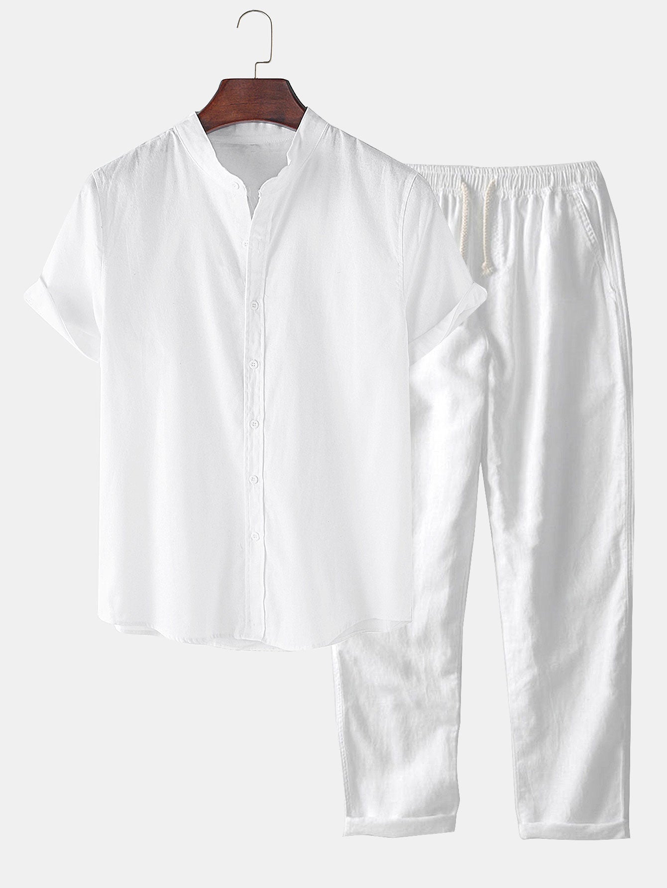 Linen Short Sleeve Basic Shirts & Straight Leg Linen Pants Set