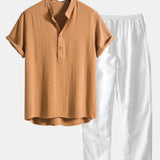 Linen Blend Striped Half Open Placket Henley Collar Shirt & Linen Pants Set