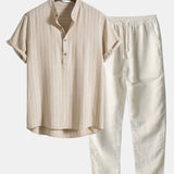 Linen Blend Striped Half Open Placket Henley Collar Shirt & Linen Pants Set