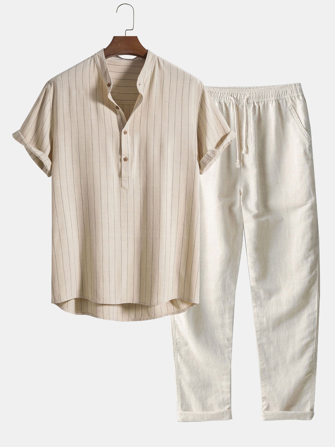Linen Blend Striped Half Open Placket Henley Collar Shirt & Linen Pants Set