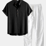 Linen Blend Striped Half Open Placket Henley Collar Shirt & Linen Pants Set