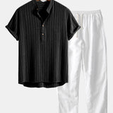 Linen Blend Striped Half Open Placket Henley Collar Shirt & Linen Pants Set