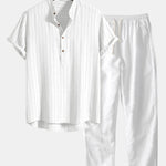 Linen Blend Striped Half Open Placket Henley Collar Shirt & Linen Pants Set