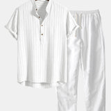 Linen Blend Striped Half Open Placket Henley Collar Shirt & Linen Pants Set