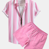 Striped Print Shirt & Swim Shorts Set