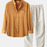 Long Sleeved Linen Stand Collar Shirt & Straight Leg Linen Pants Set