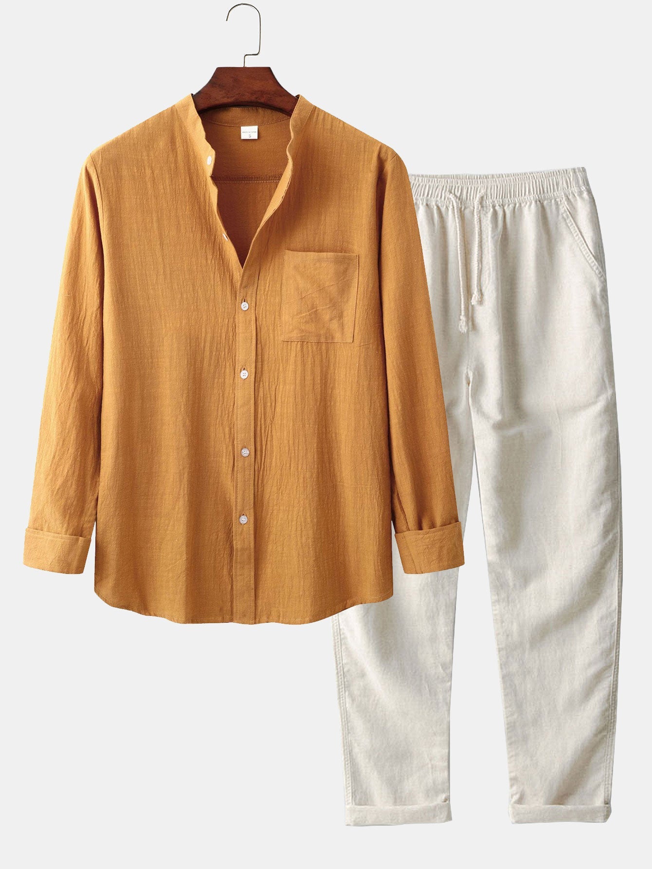 Long Sleeved Linen Stand Collar Shirt & Straight Leg Linen Pants Set