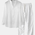 Long Sleeved Linen Stand Collar Shirt & Straight Leg Linen Pants Set