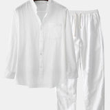 Long Sleeved Linen Stand Collar Shirt & Straight Leg Linen Pants Set