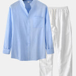 Long Sleeved Linen Stand Collar Shirt & Straight Leg Linen Pants Set