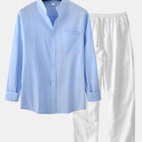 Long Sleeved Linen Stand Collar Shirt & Straight Leg Linen Pants Set