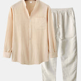 Long Sleeved Linen Stand Collar Shirt & Straight Leg Linen Pants Set