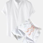 Linen Short Sleeve Basic Shirts & Swim Shorts Set