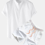 Linen Short Sleeve Basic Shirts & Swim Shorts Set