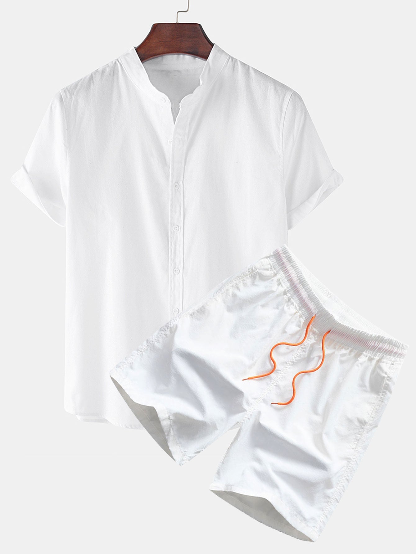 Linen Short Sleeve Basic Shirts & Swim Shorts Set