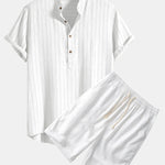 Linen Blend Striped Henley Collar Shirt & Linen Cotton Blend 11" Shorts Set