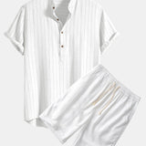 Linen Blend Striped Henley Collar Shirt & Linen Cotton Blend 11" Shorts Set