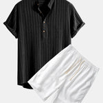 Linen Blend Striped Henley Collar Shirt & Linen Cotton Blend 11" Shorts Set