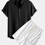 Linen Blend Striped Henley Collar Shirt & Linen Cotton Blend 11" Shorts Set