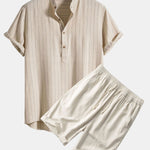 Linen Blend Striped Henley Collar Shirt & Linen Cotton Blend 11" Shorts Set