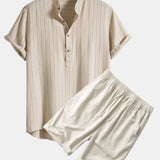 Linen Blend Striped Henley Collar Shirt & Linen Cotton Blend 11" Shorts Set