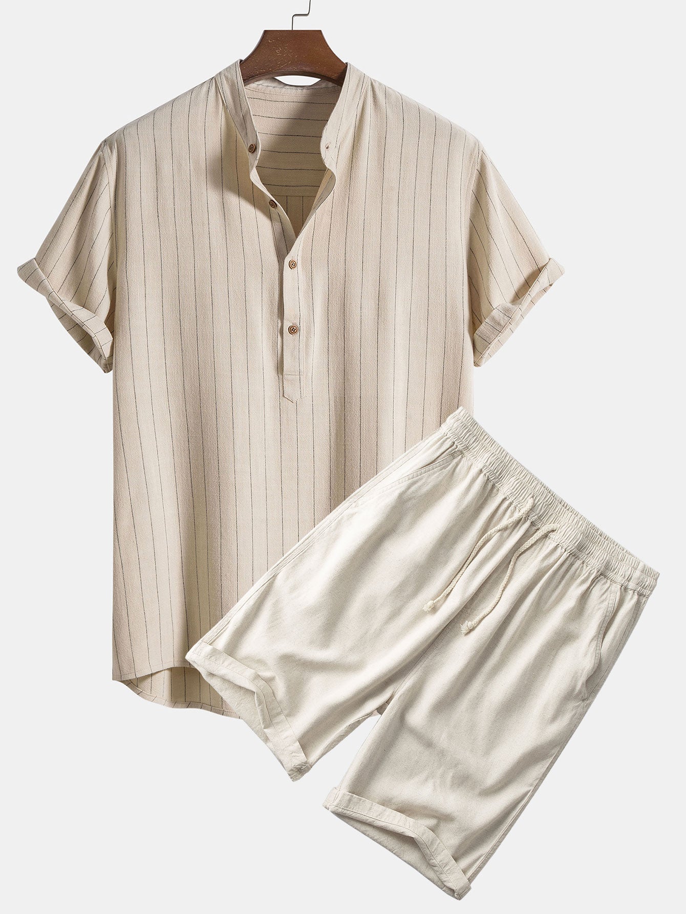 Linen Blend Striped Henley Collar Shirt & Linen Cotton Blend 11" Shorts Set