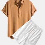 Linen Blend Striped Henley Collar Shirt & Linen Cotton Blend 11" Shorts Set