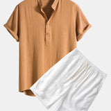 Linen Blend Striped Henley Collar Shirt & Linen Cotton Blend 11" Shorts Set