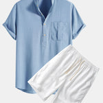Linen Henley Collar Shirt & Linen Cotton Blend 11" Shorts Set