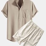 Linen Henley Collar Shirt & Linen Cotton Blend 11" Shorts Set