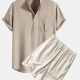 Linen Henley Collar Shirt & Linen Cotton Blend 11" Shorts Set