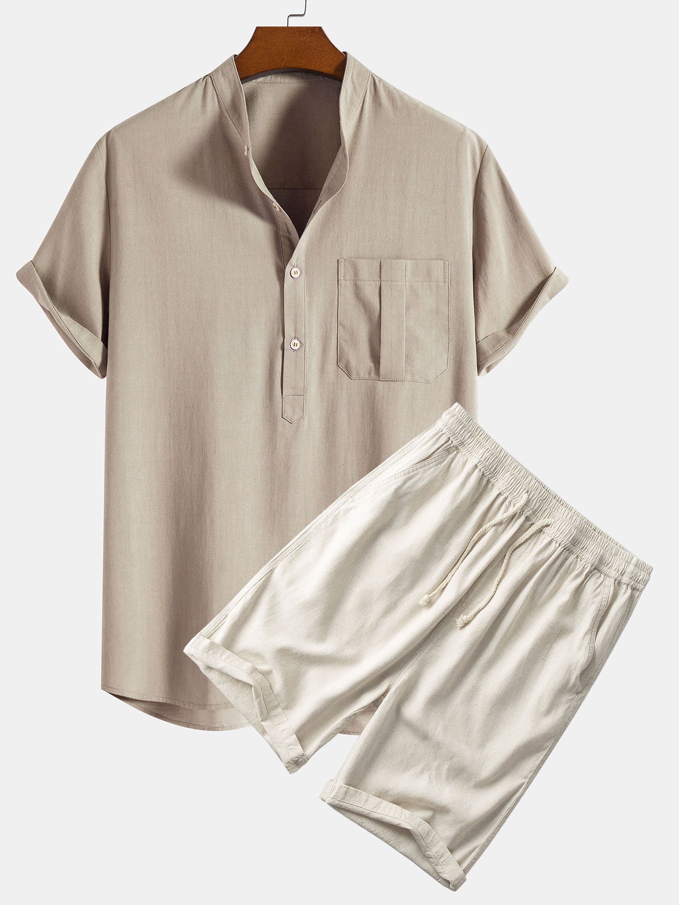 Linen Henley Collar Shirt & Linen Cotton Blend 11" Shorts Set