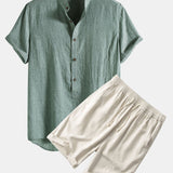 Half Button Fly Henley Collar Shirt & Linen Cotton Blend 11" Shorts Set