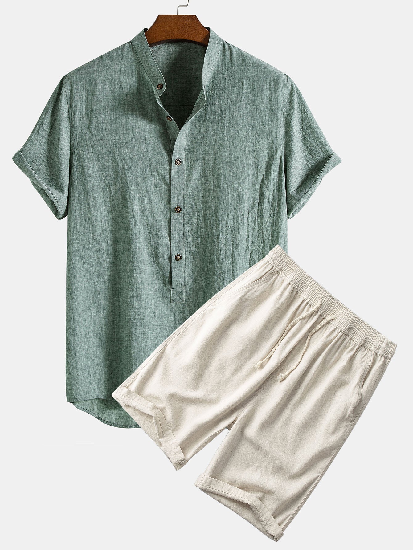 Half Button Fly Henley Collar Shirt & Linen Cotton Blend 11" Shorts Set