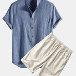 Half Button Fly Henley Collar Shirt & Linen Cotton Blend 11" Shorts Set