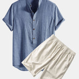 Half Button Fly Henley Collar Shirt & Linen Cotton Blend 11" Shorts Set