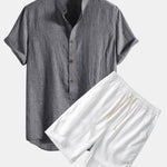 Half Button Fly Henley Collar Shirt & Linen Cotton Blend 11" Shorts Set