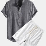 Half Button Fly Henley Collar Shirt & Linen Cotton Blend 11" Shorts Set