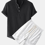 Solid Color Basic Henley Shirts & Linen Cotton Blend 11" Shorts Set