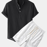Solid Color Basic Henley Shirts & Linen Cotton Blend 11" Shorts Set