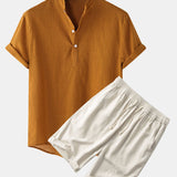 Solid Color Basic Henley Shirts & Linen Cotton Blend 11" Shorts Set