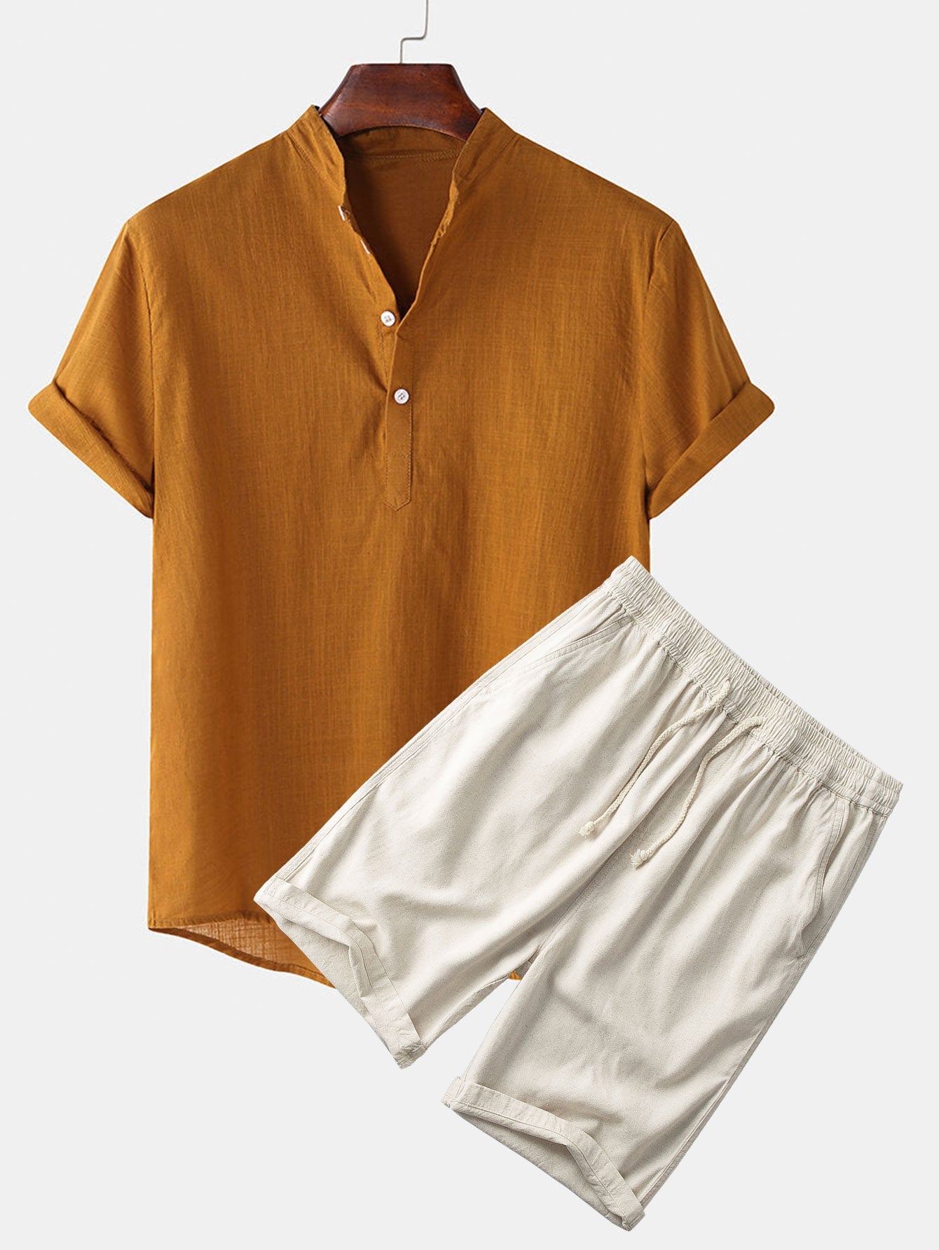Solid Color Basic Henley Shirts & Linen Cotton Blend 11" Shorts Set