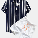 Stripe Print Shirt & Swim Shorts Set