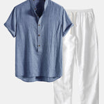 Short Sleeve Half Button Fly Henley Collar Shirt & Linen Pants Set