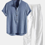 Short Sleeve Half Button Fly Henley Collar Shirt & Linen Pants Set