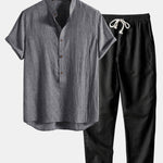 Short Sleeve Half Button Fly Henley Collar Shirt & Linen Pants Set