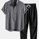 Short Sleeve Half Button Fly Henley Collar Shirt & Linen Pants Set