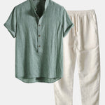 Short Sleeve Half Button Fly Henley Collar Shirt & Linen Pants Set