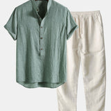 Short Sleeve Half Button Fly Henley Collar Shirt & Linen Pants Set