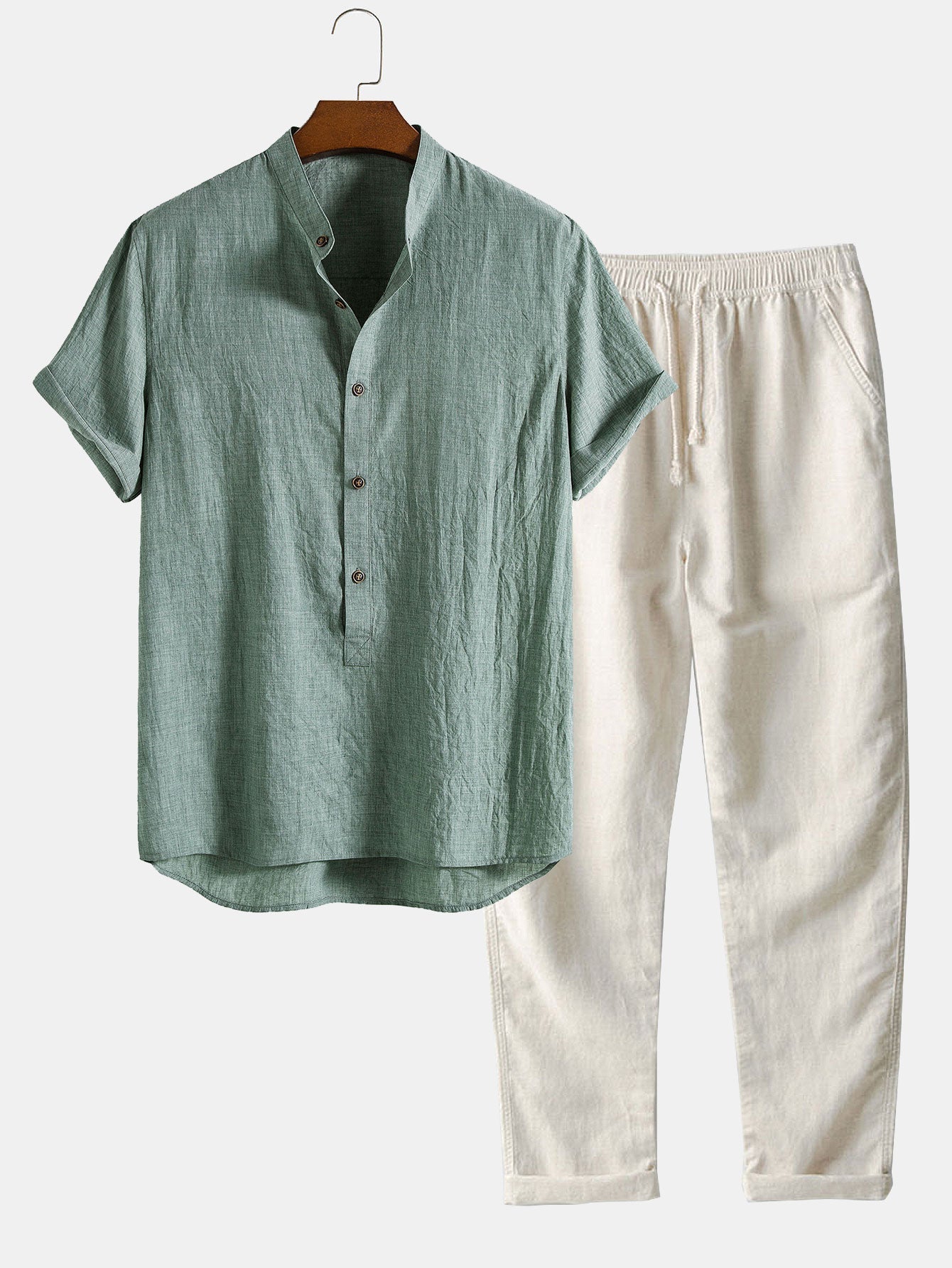 Short Sleeve Half Button Fly Henley Collar Shirt & Linen Pants Set